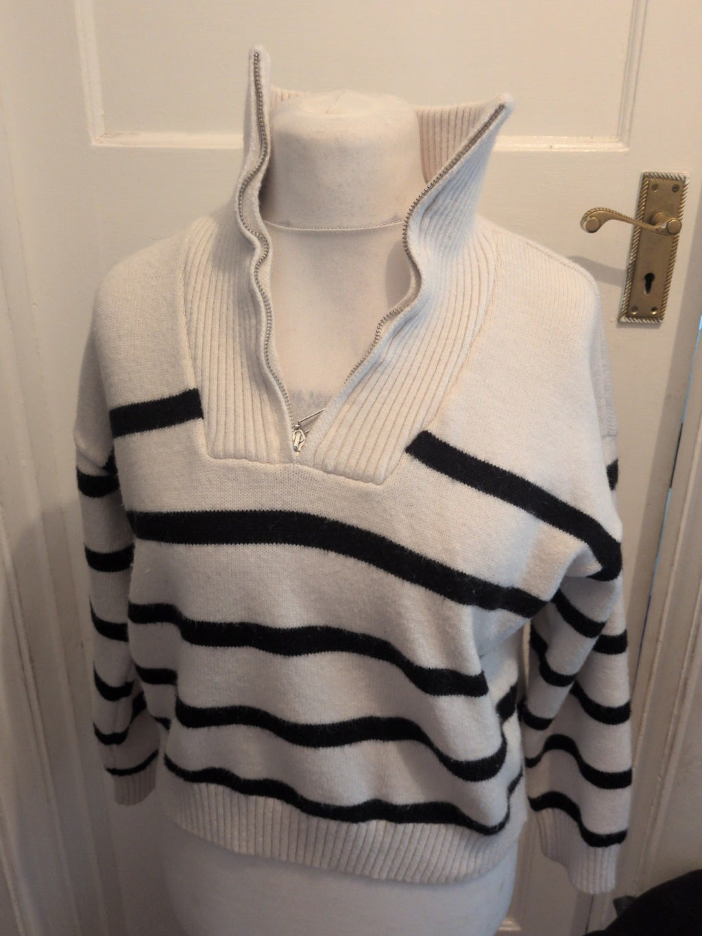 XL White With Black Stripe High Neck Long Sleeve Jumper