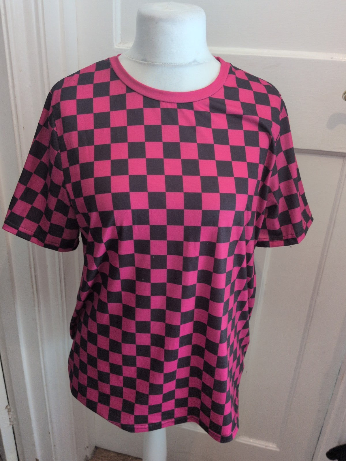 Large Dark Pink And Black Check Short Sleeve T-shirt