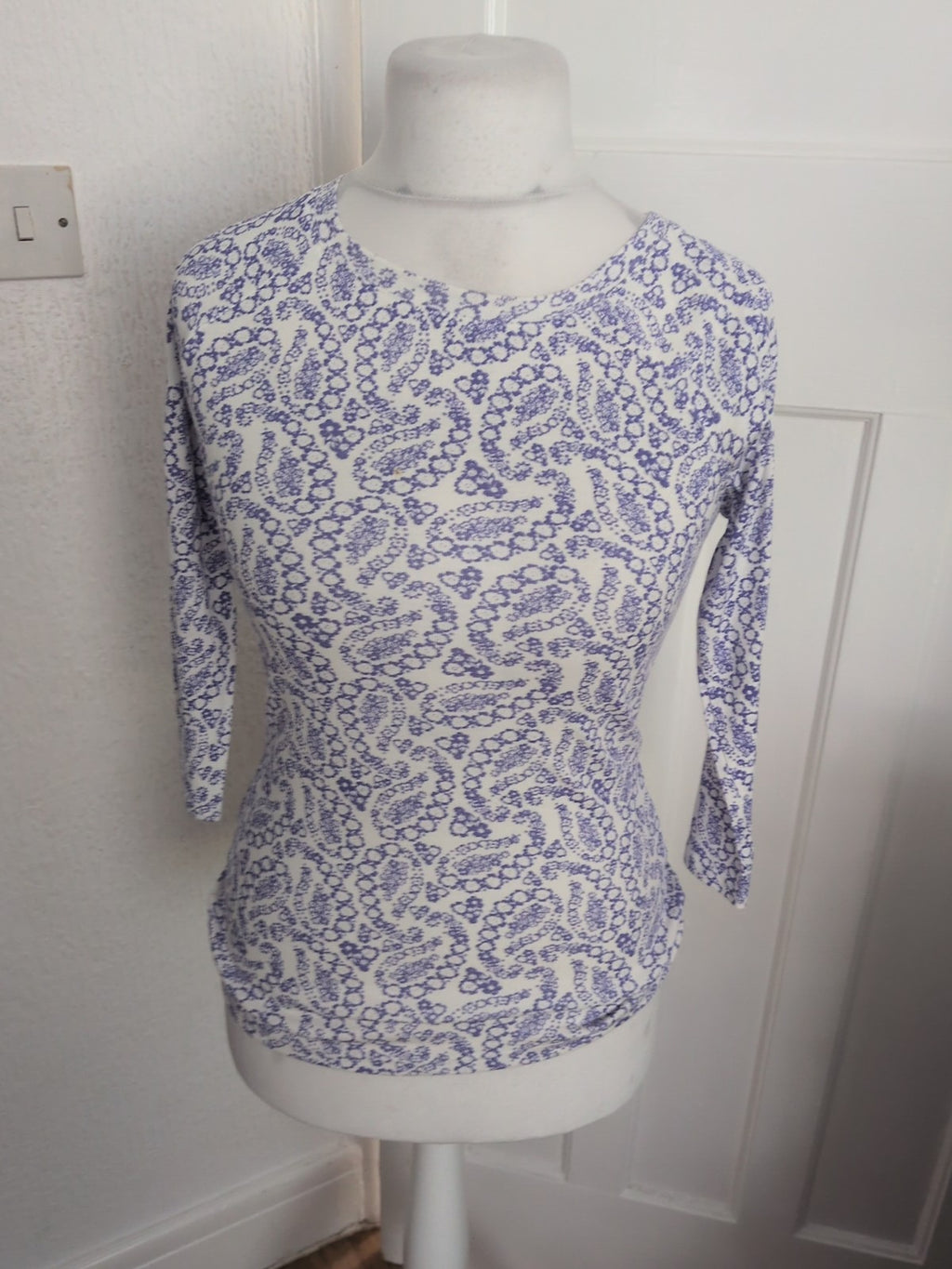 M&Co 10 Violet And White Pattern Long Sleeve Blouse(Mark On Front)