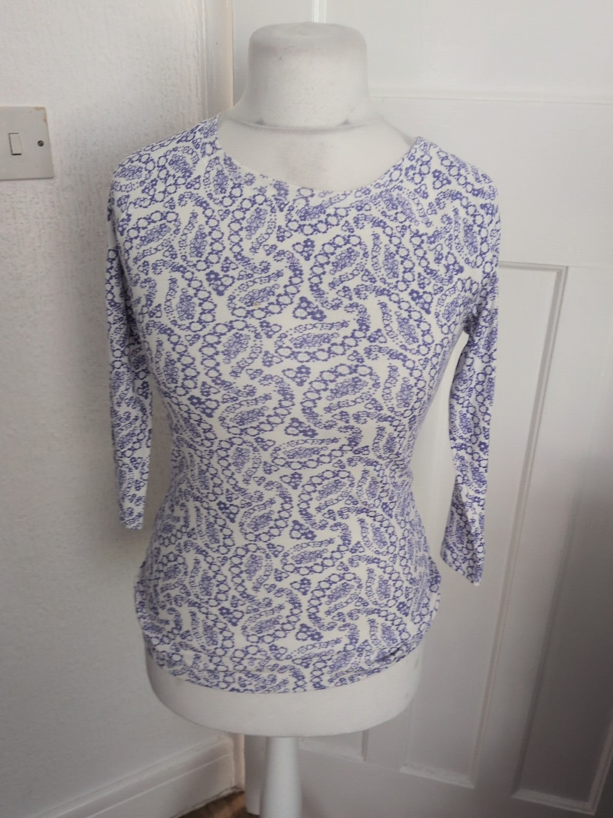 M&Co 10 Violet And White Pattern Long Sleeve Blouse(Mark On Front)
