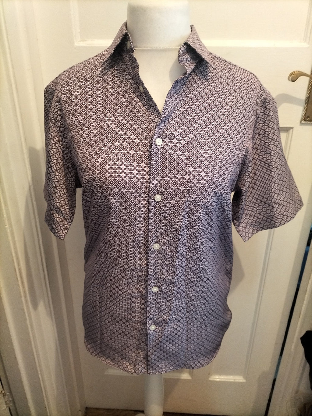 M&S Regular Fit Small Purple And White Easy Care Short Sleeve Shirt