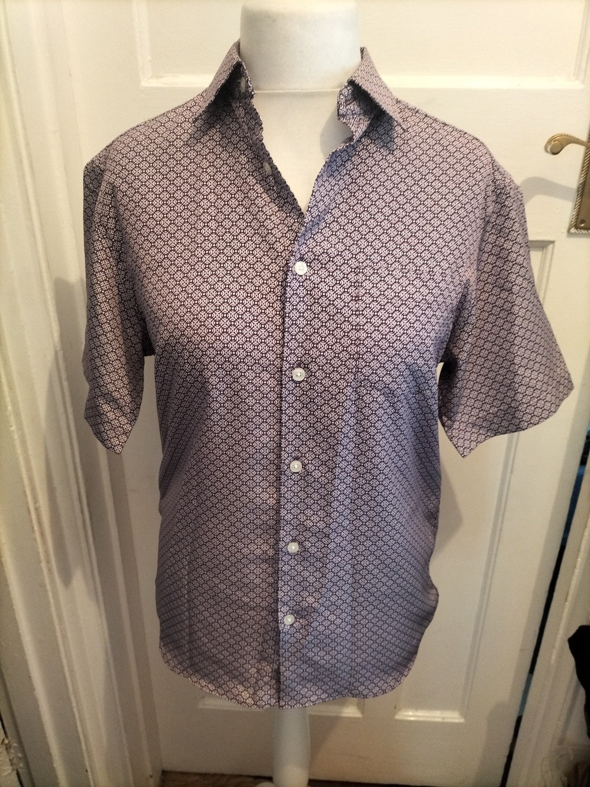 M&S Regular Fit Small Purple And White Easy Care Short Sleeve Shirt