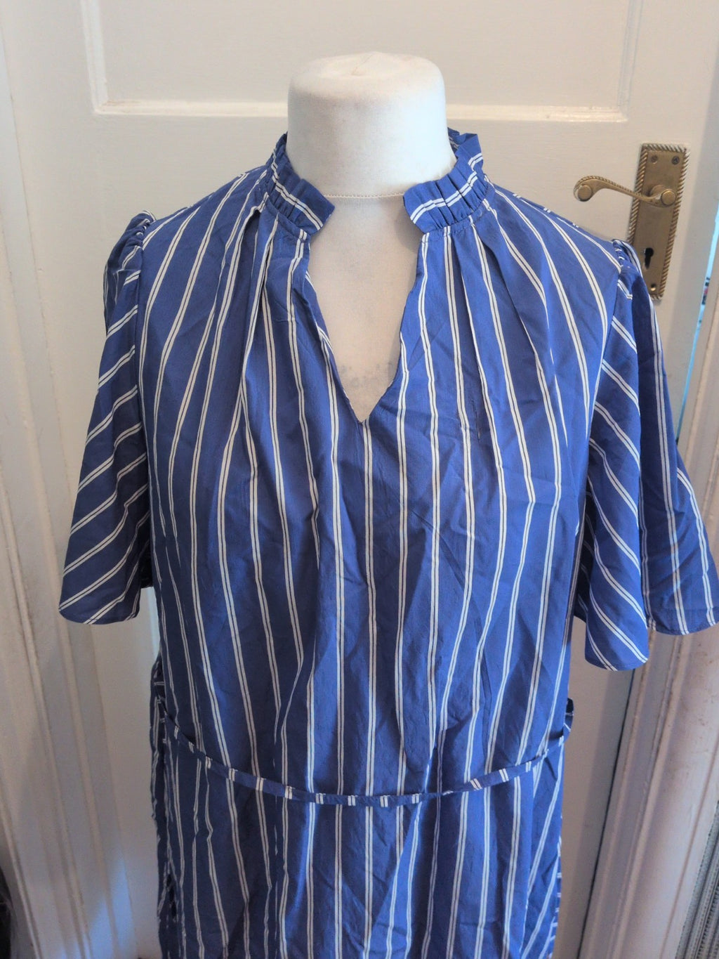 Ladies George Size 16 Blue And White Stripe Short Sleeve Belted Dress