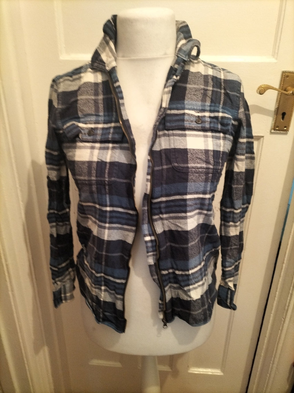 Mens Chaps Size Small Navy Check Full Zip Shirt