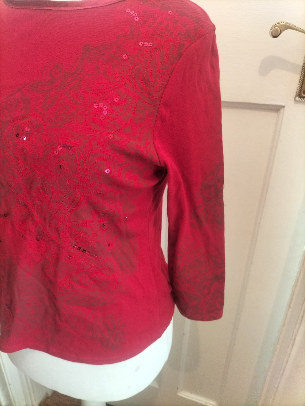 Brand New Marks And Spencer 16 Red Pattern Long Sleeve Blouse