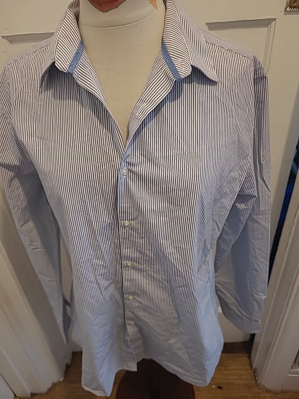 Mens Limited Edition Size 16" Blue Black White Striped Long Sleeved Slim Fit...