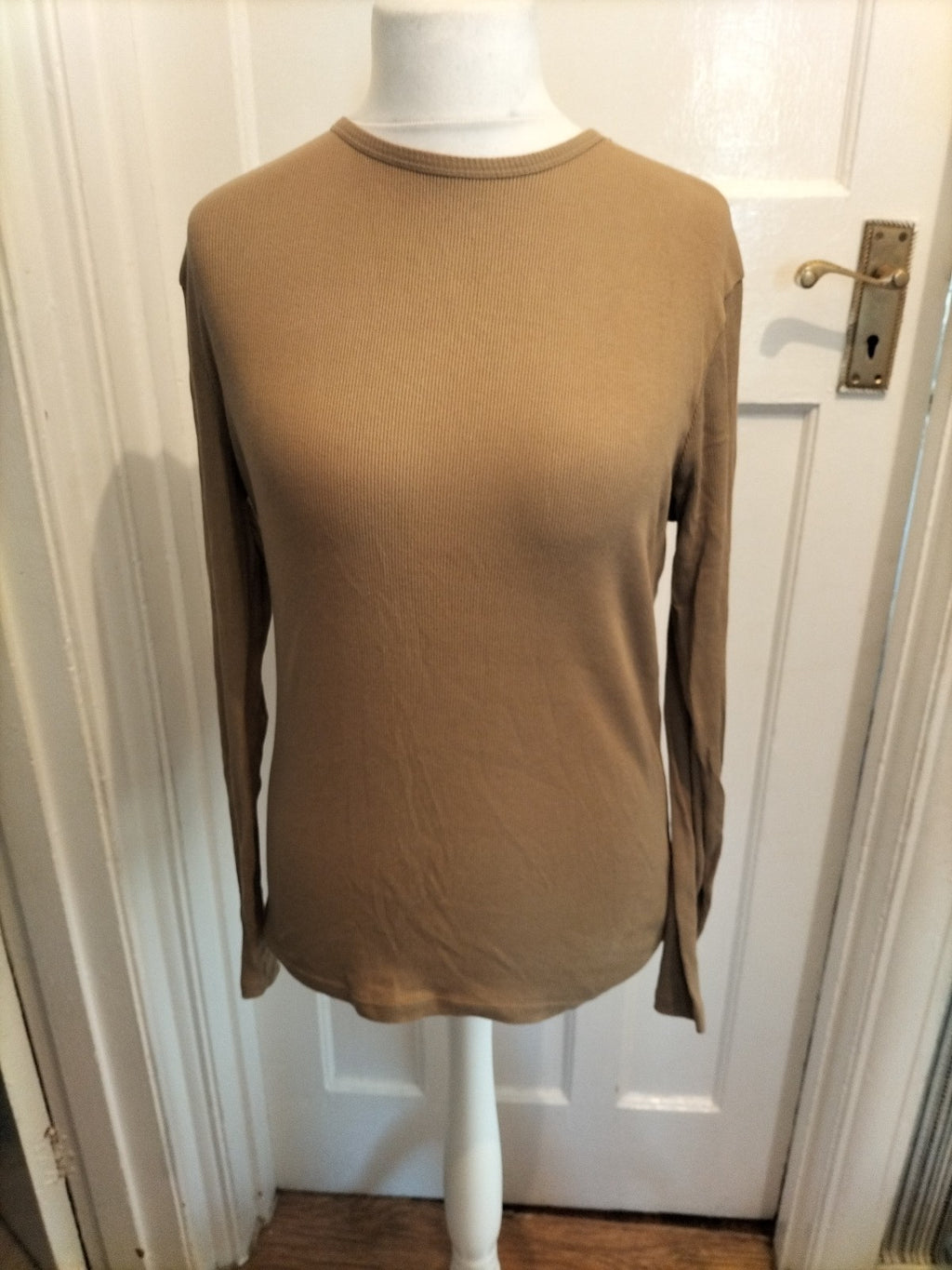 Mens River Island Size Small Slim Fit Beige Ribbed Long Sleeved Tshirt