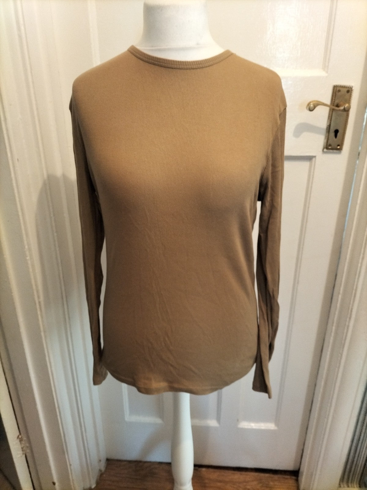 Mens River Island Size Small Slim Fit Beige Ribbed Long Sleeved Tshirt