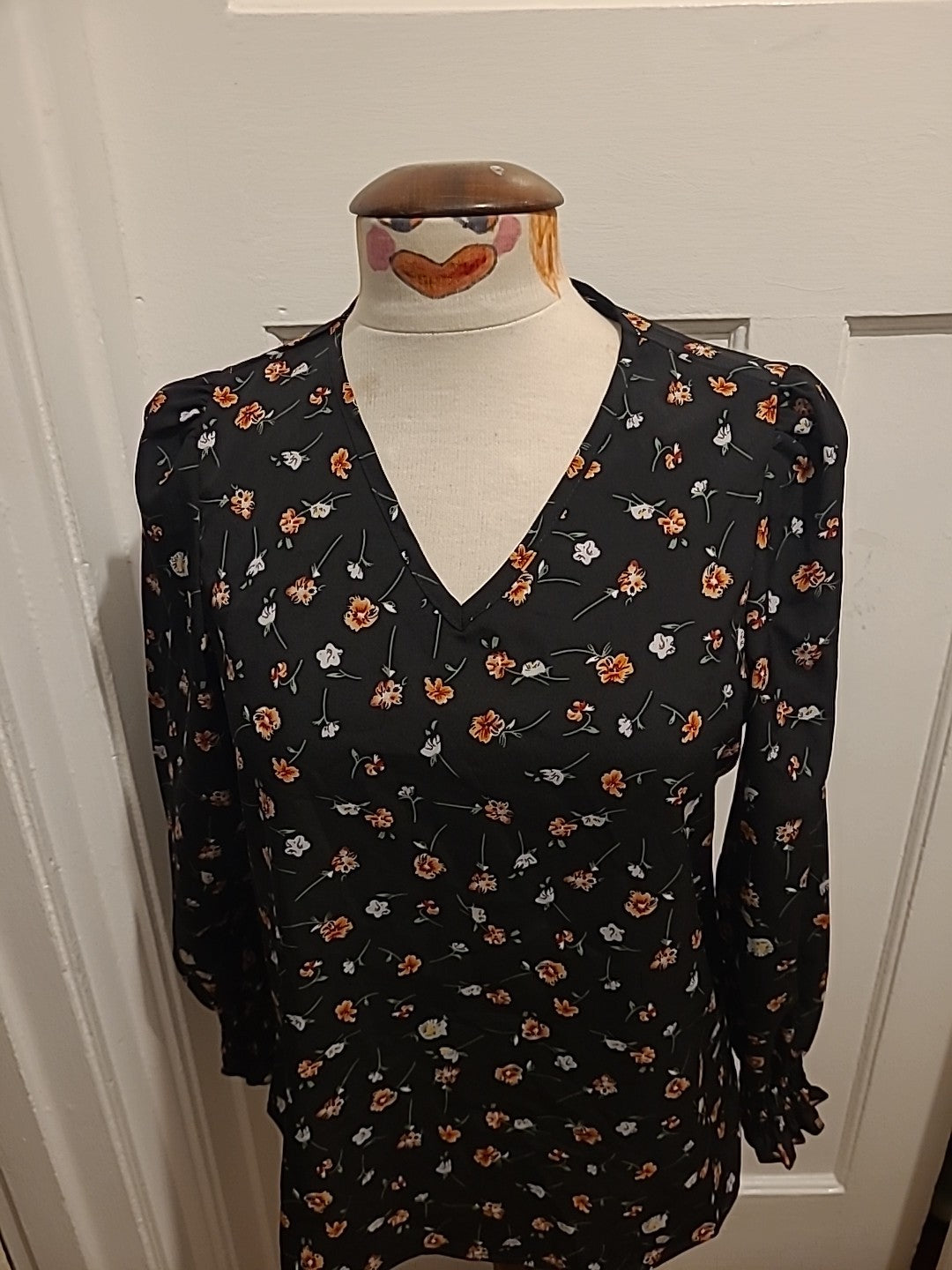 Ladies Size Small Black Floral Long Sleeve Blouse
