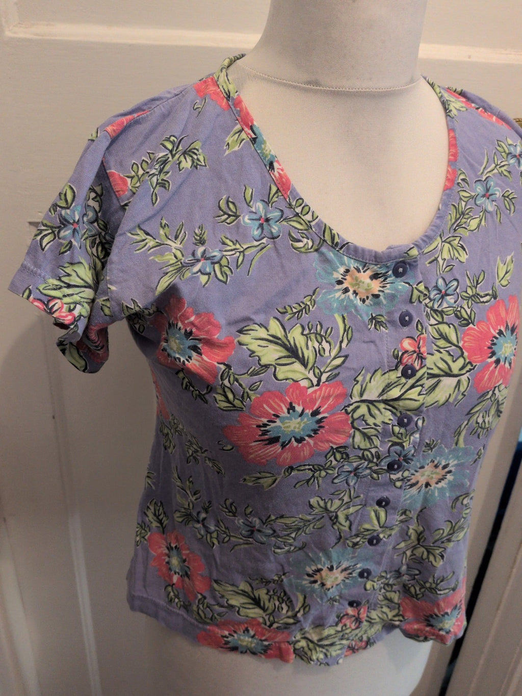 Richards Small Purple Floral Short Sleeve Buttoned Blouse