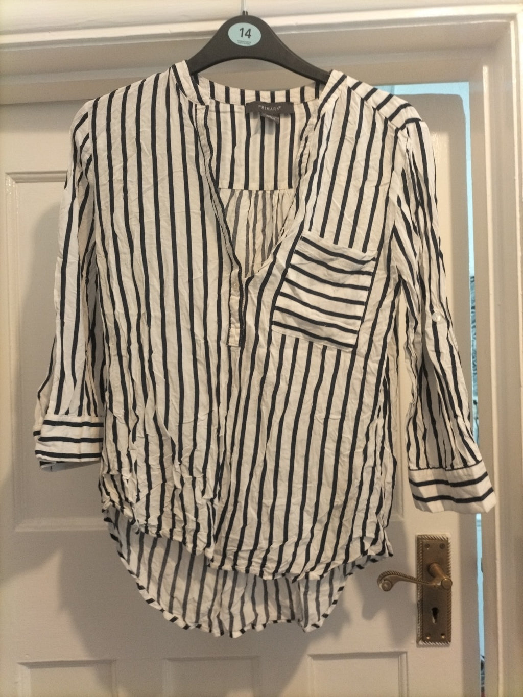 Ladies Primark Size 8 Navy White Striped Long Sleeved Tshirt