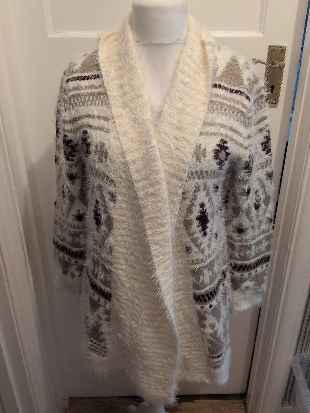 Peacocks Medium Fluffy Beige/Cream/Purple Open Cardigan