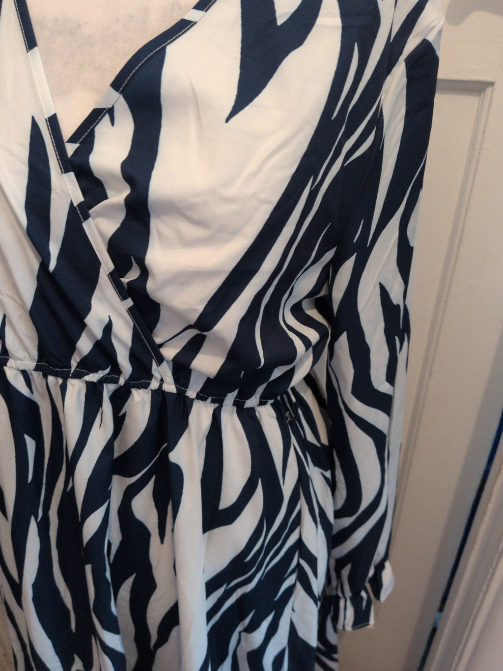 Shein XL Blue And White Long Length Long Sleeve V Neck Dress