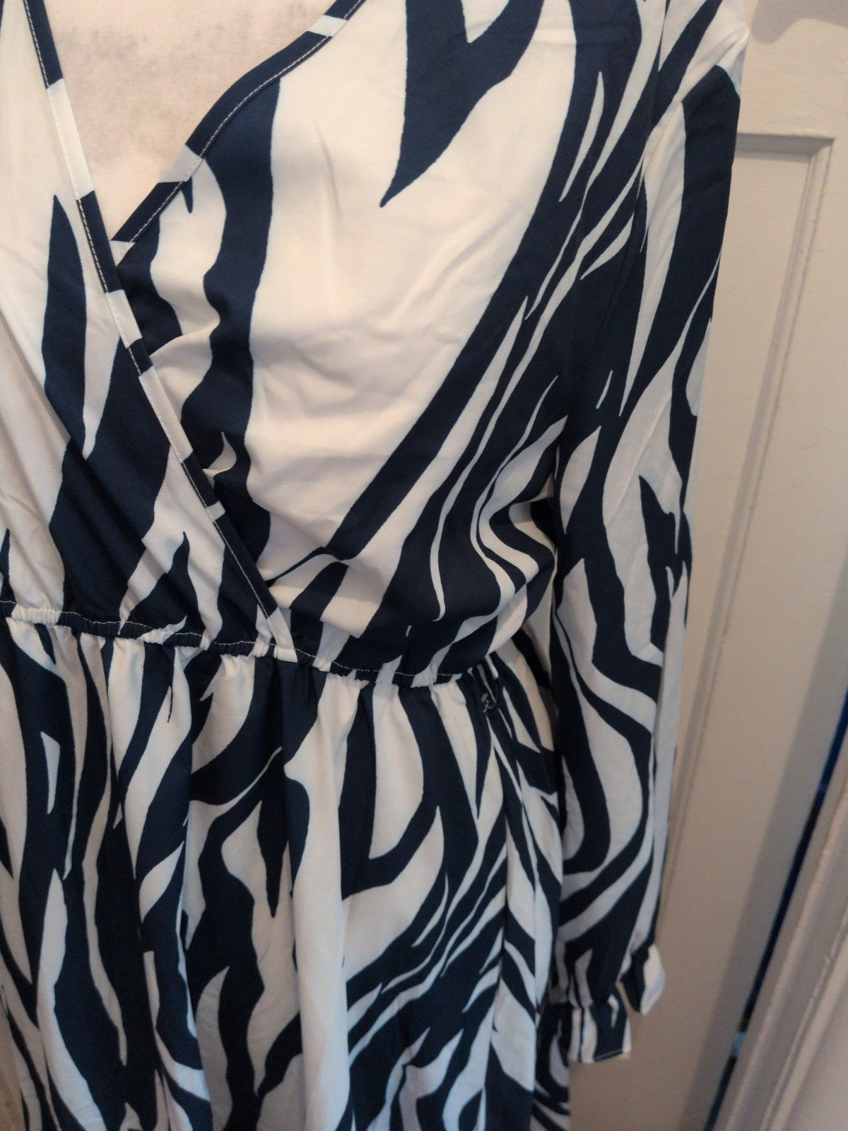 Shein XL Blue And White Long Length Long Sleeve V Neck Dress