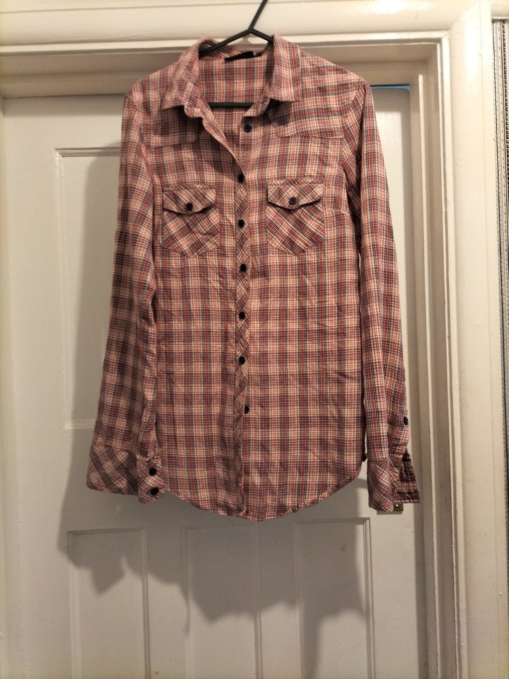 Ladies Topshop Size 8 Purple Red Check Long Sleeved Blouse