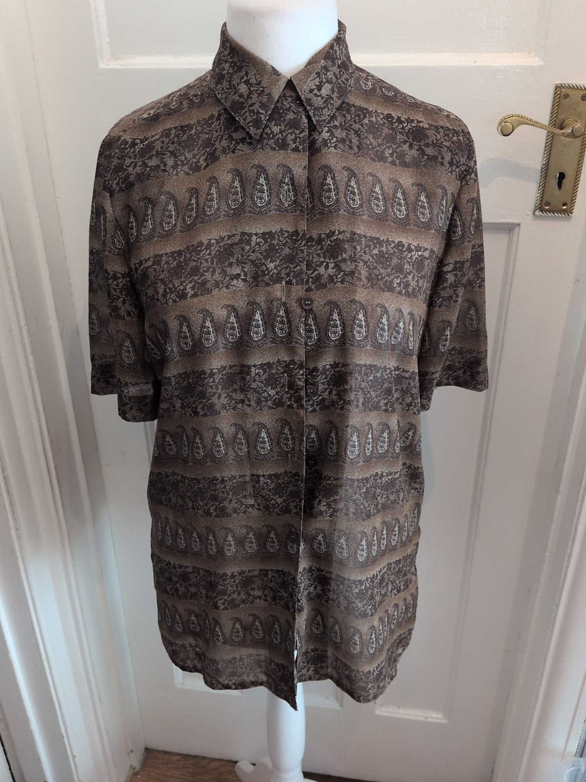 Viyella 10 Brown Patterned Short Sleeve Buttoned Blouse