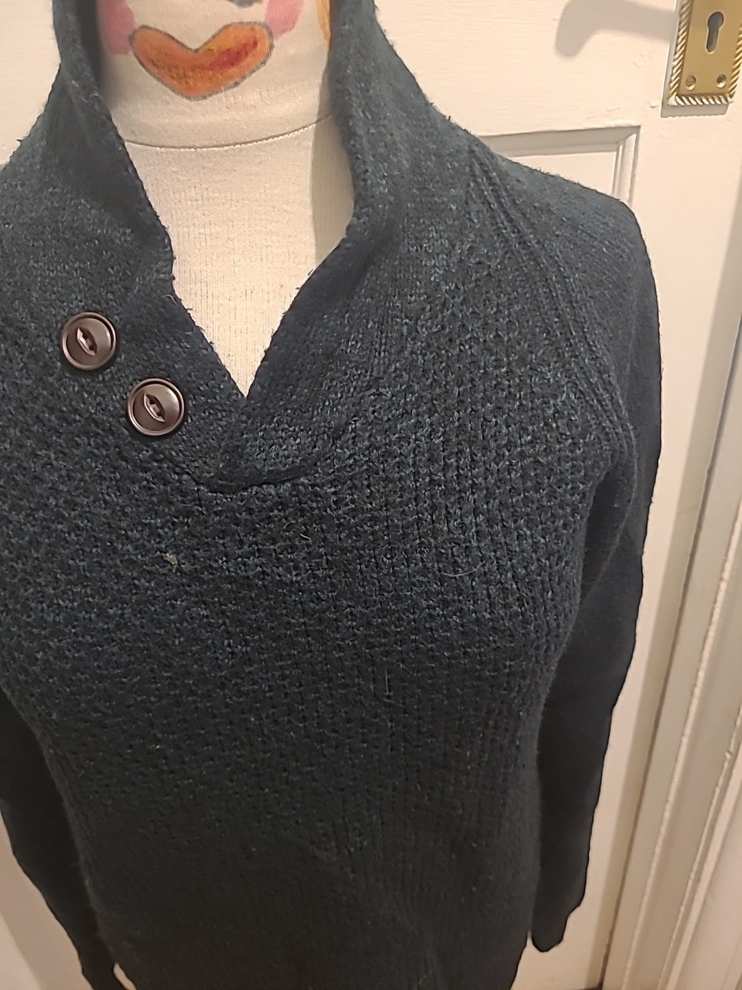 Mens Easy Size Small Green Navy Fleck Long Sleeved Pullover Jumper