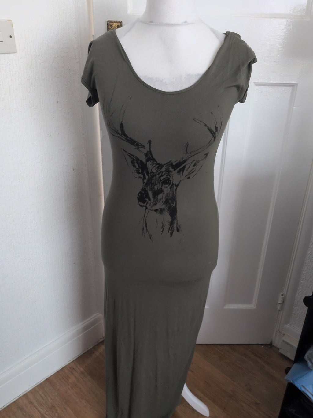 Primark 14 Khaki Short Sleeve Printed Ultra Long Length Dress