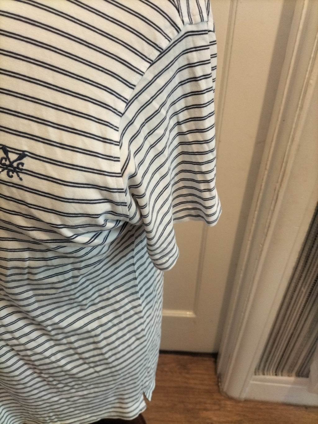 Ladies Crew Clothing Size Small Navy White Double Stripe Short Sleeved Tshirt