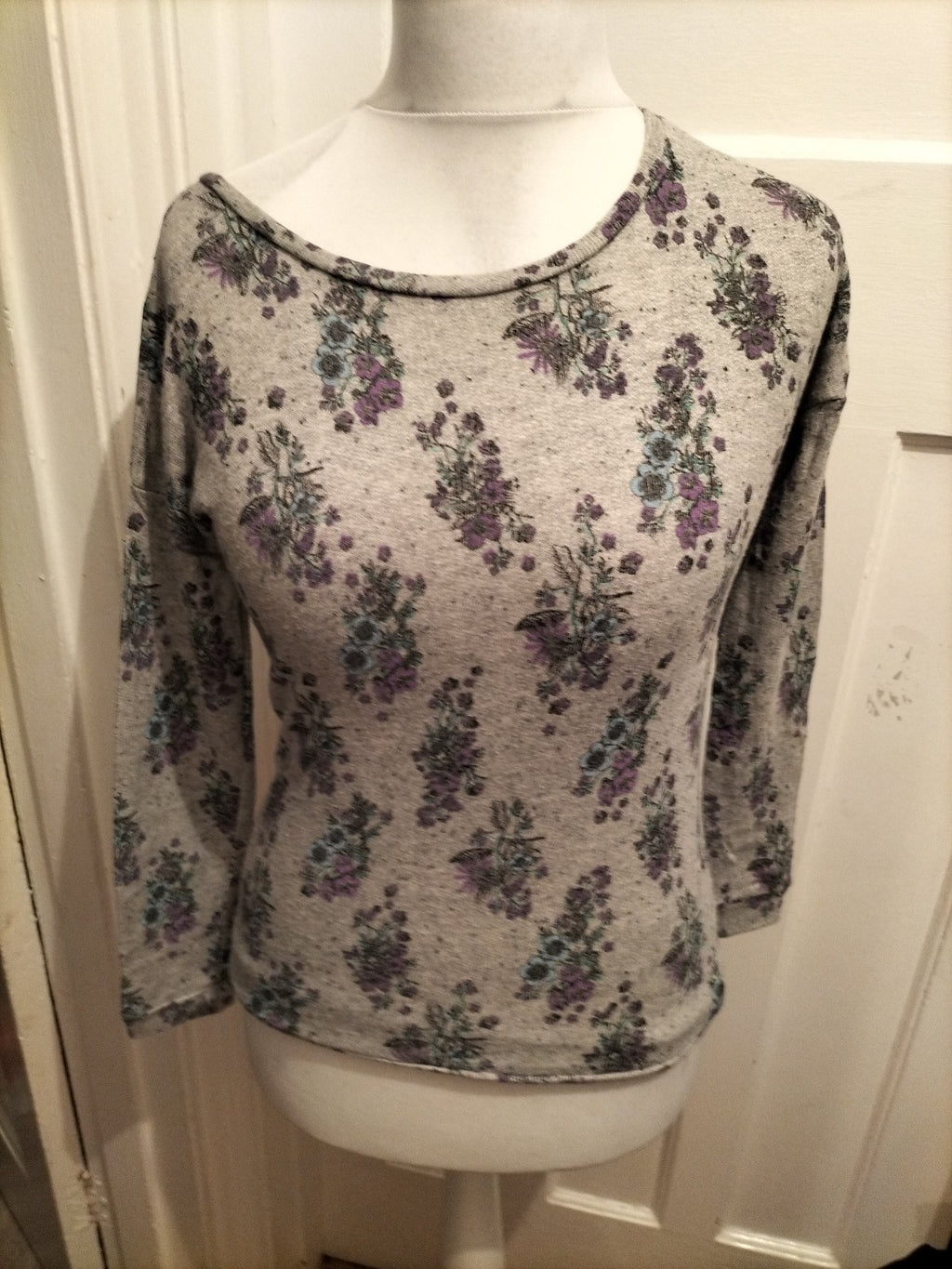 Ladies Miss Selfridge Size 8 Grey Green Purple Floral Long Sleeve Blouse