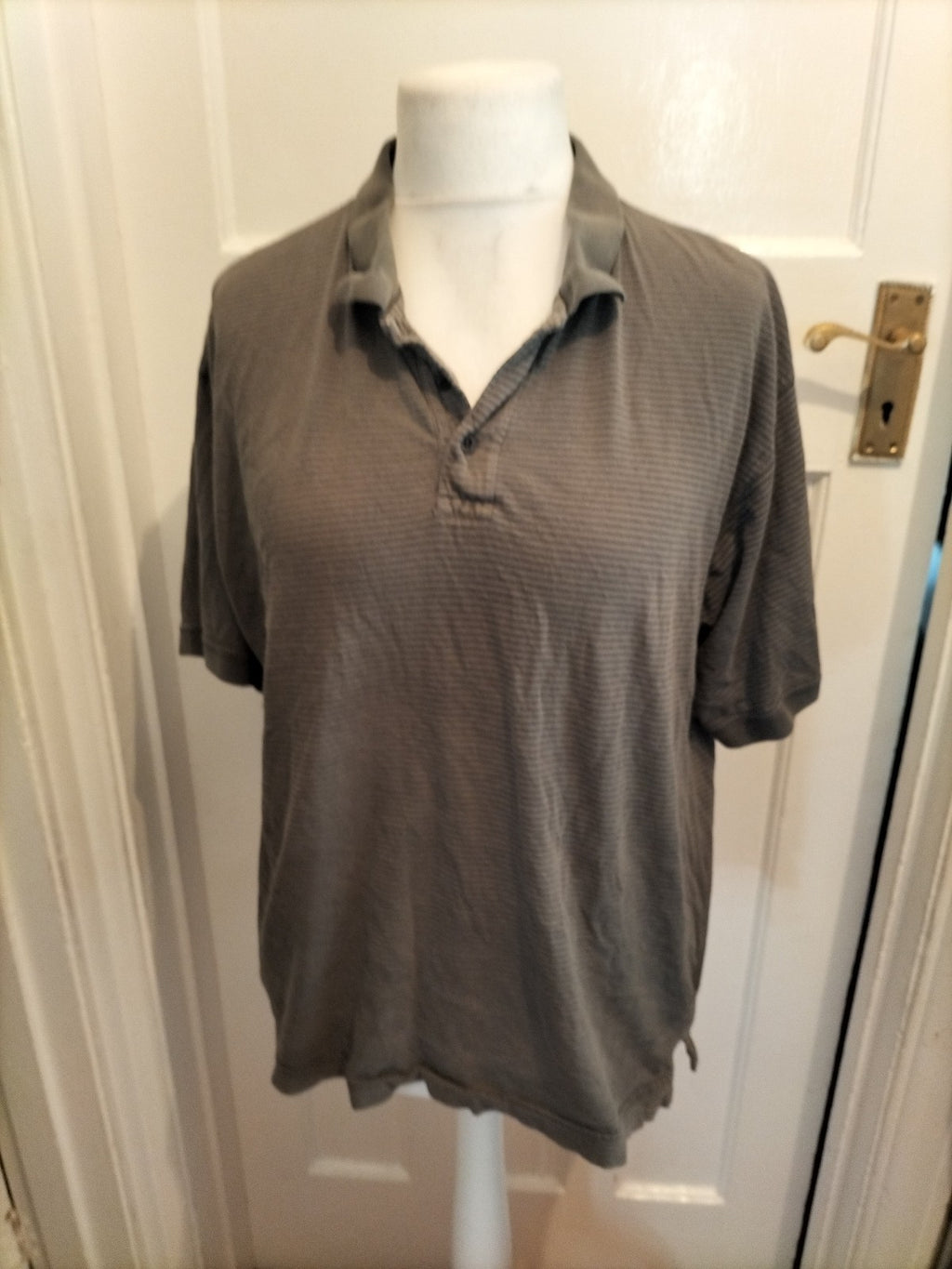 Mens Cedarwood State Size Large Grey And Navy Striped Short Sleeved Polo