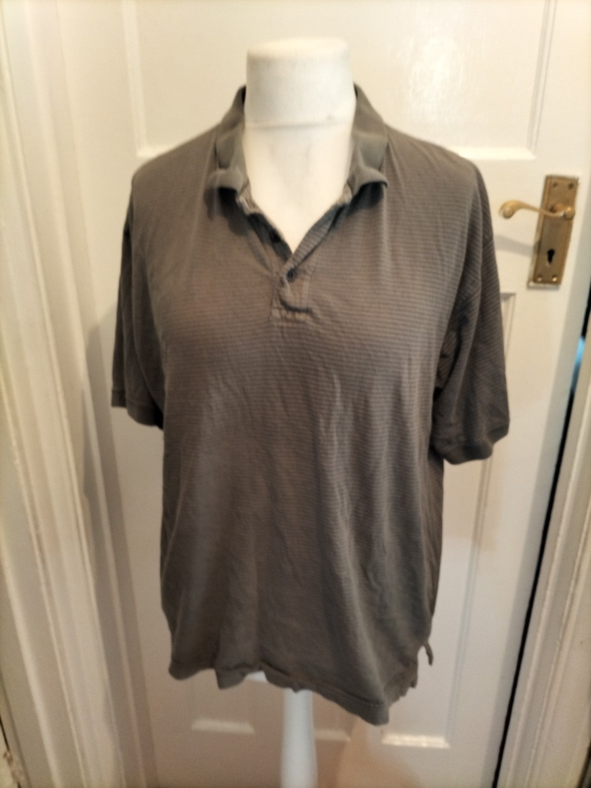 Mens Cedarwood State Size Large Grey And Navy Striped Short Sleeved Polo