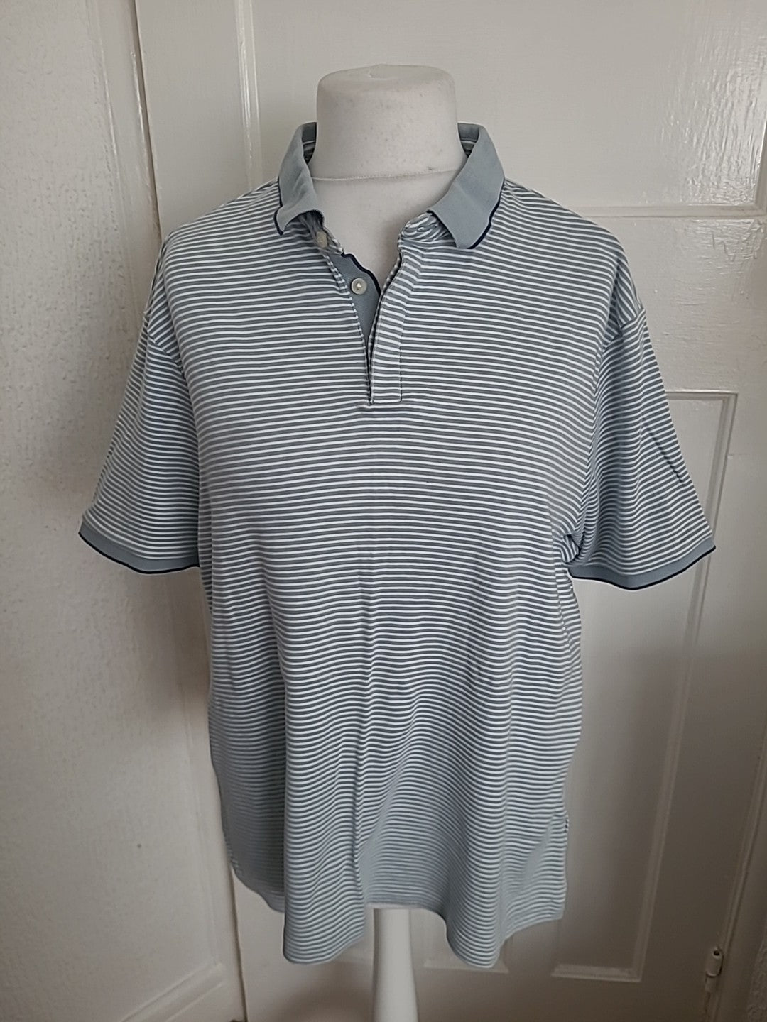 Mens M&S Size XL Pale Blue Striped Short Sleeved Polo