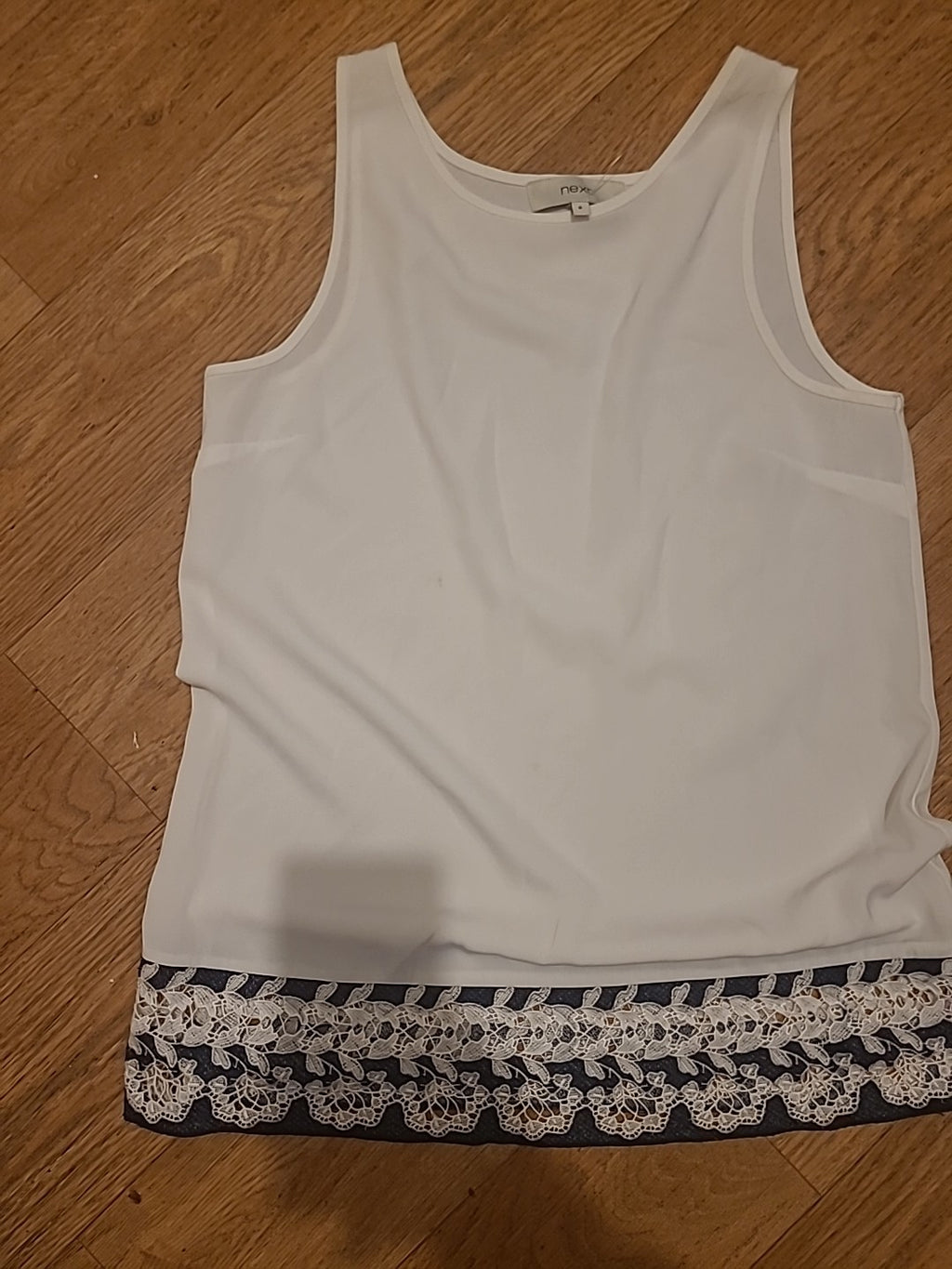 Ladies Next Size 8 White With Blue Embroidery Hem Sleeveless Blouse