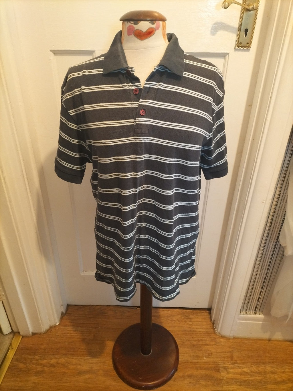 Mens Easy Size Medium Navy/White Striped Polo(neck Marked)