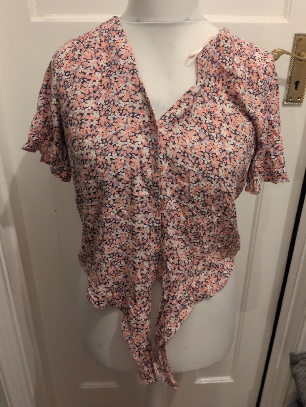 George 10 Pink Floral Front Tie Short Sleeve Blouse