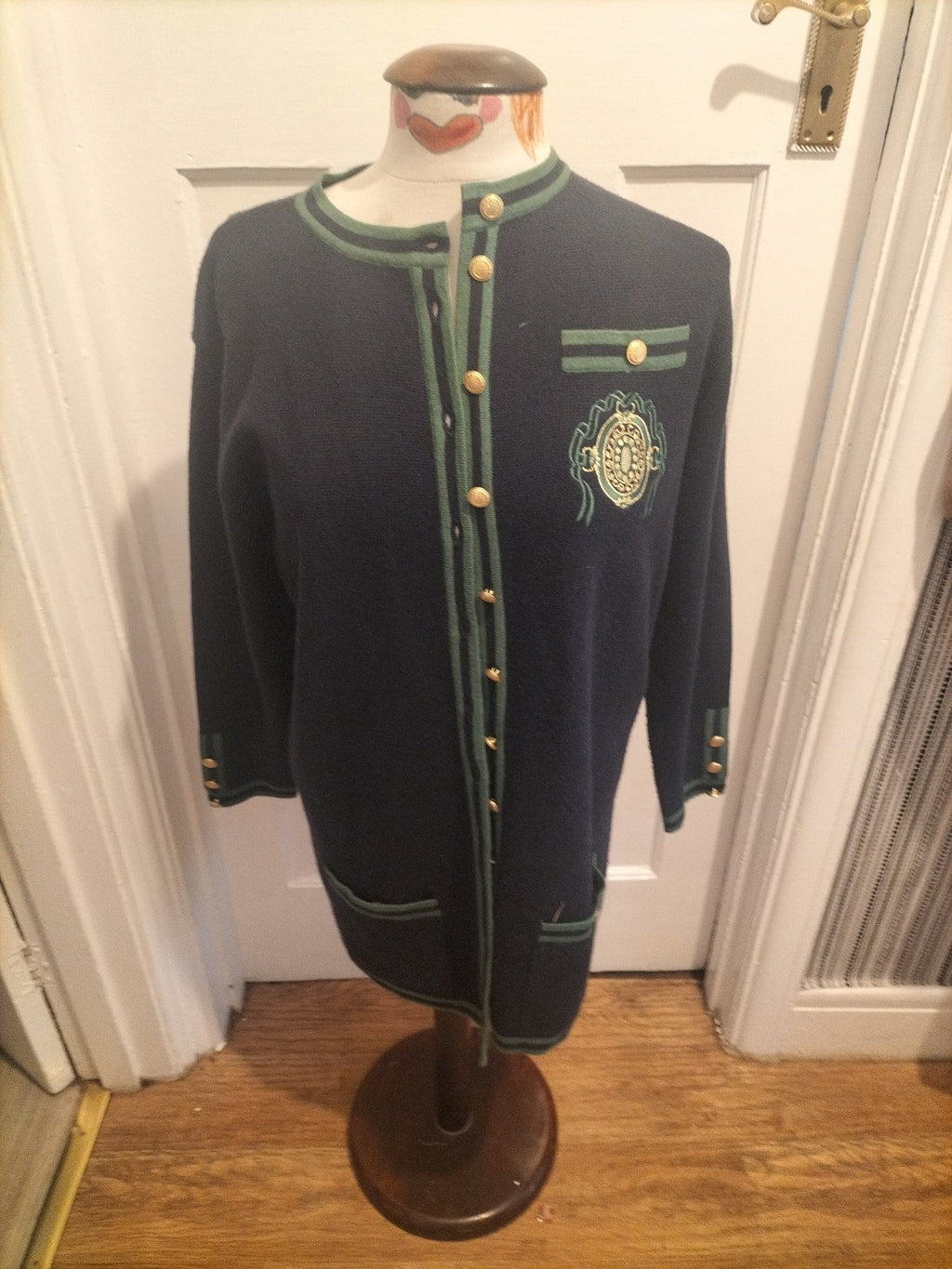 Ladies Emreco Size Euro 36 Navy Green Trim Long Sleeved Cardigan