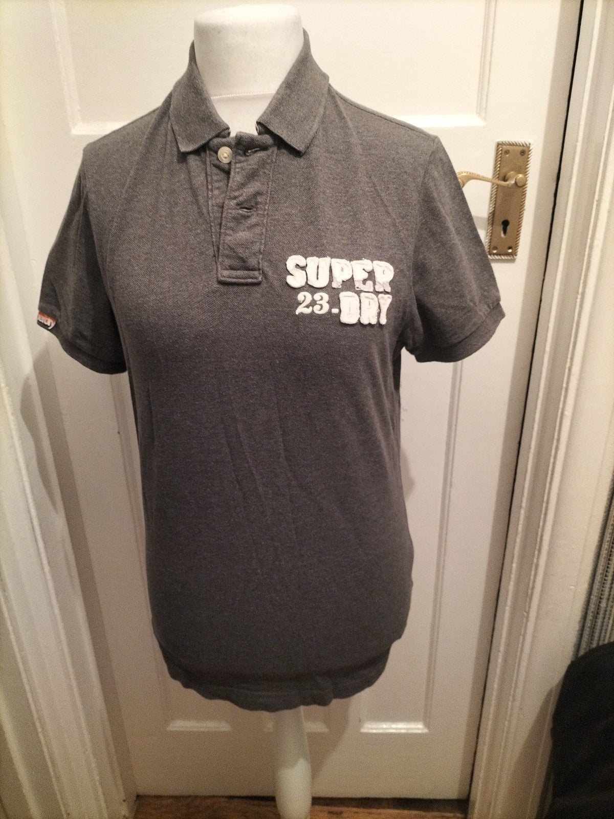 Mens Superdry Size L Grey Short Sleeved Polo With Brand Logo On Front