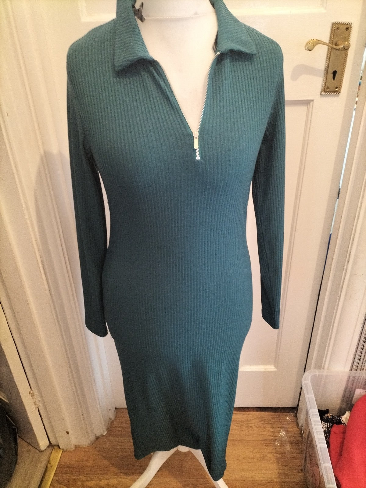 Primark Medium Teal Rib Long Sleeve Collared Dress