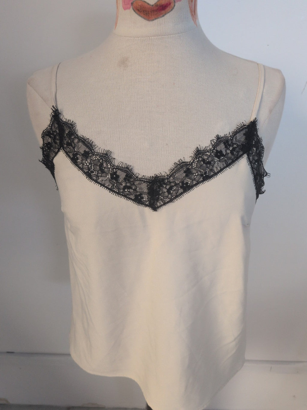 Topshop 10 Cream With Black Lace Trim Cami Top
