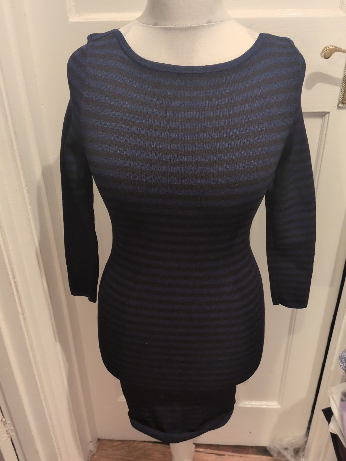 Bruuns Bazaar Small Black And Blue Striped Long Sleeve Dress