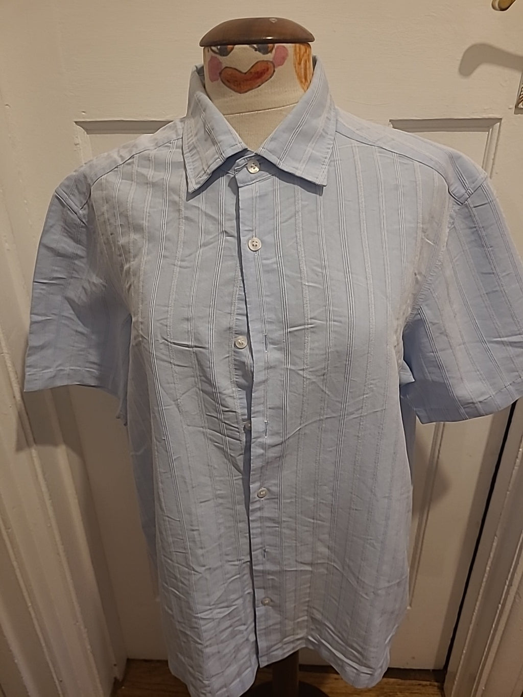 Mens Autograph Size Large Blue And White Striped Short Sleeved Soft Touch Shirt