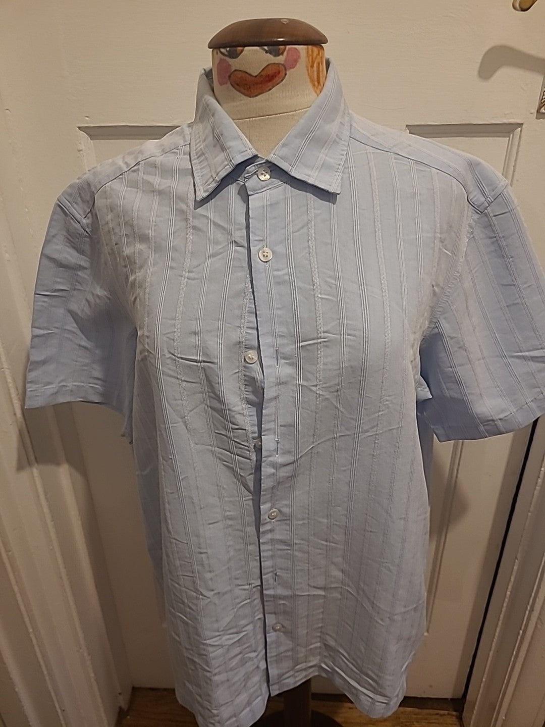 Mens Autograph Size Large Blue And White Striped Short Sleeved Soft Touch Shirt