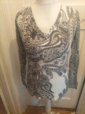 Ladies Next Size 8 Grey Black White Aztec Long Sleeve Blouse