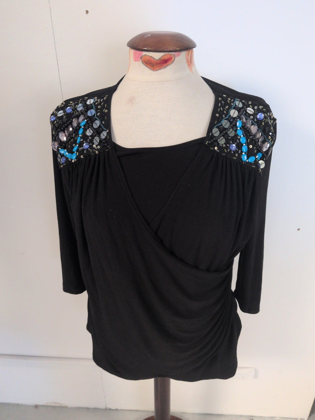 Anne Smith Medium Black Jewel Shoulder Half Sleeve Blouse