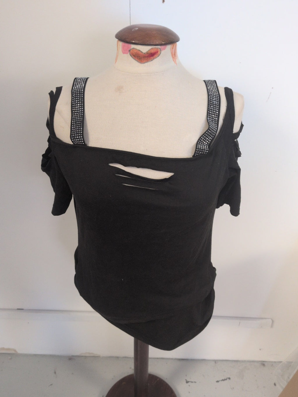 Shein XL Black Open Shoulder Diamante Strap Blouse