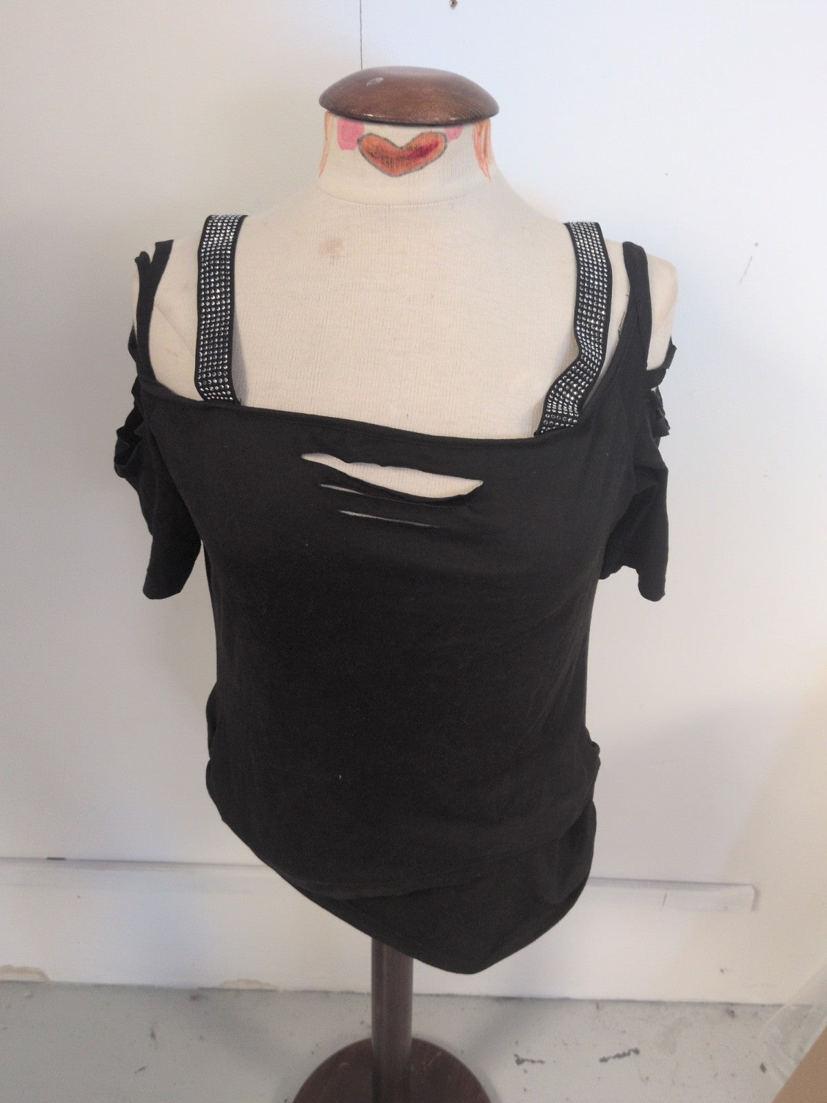 Shein XL Black Open Shoulder Diamante Strap Blouse