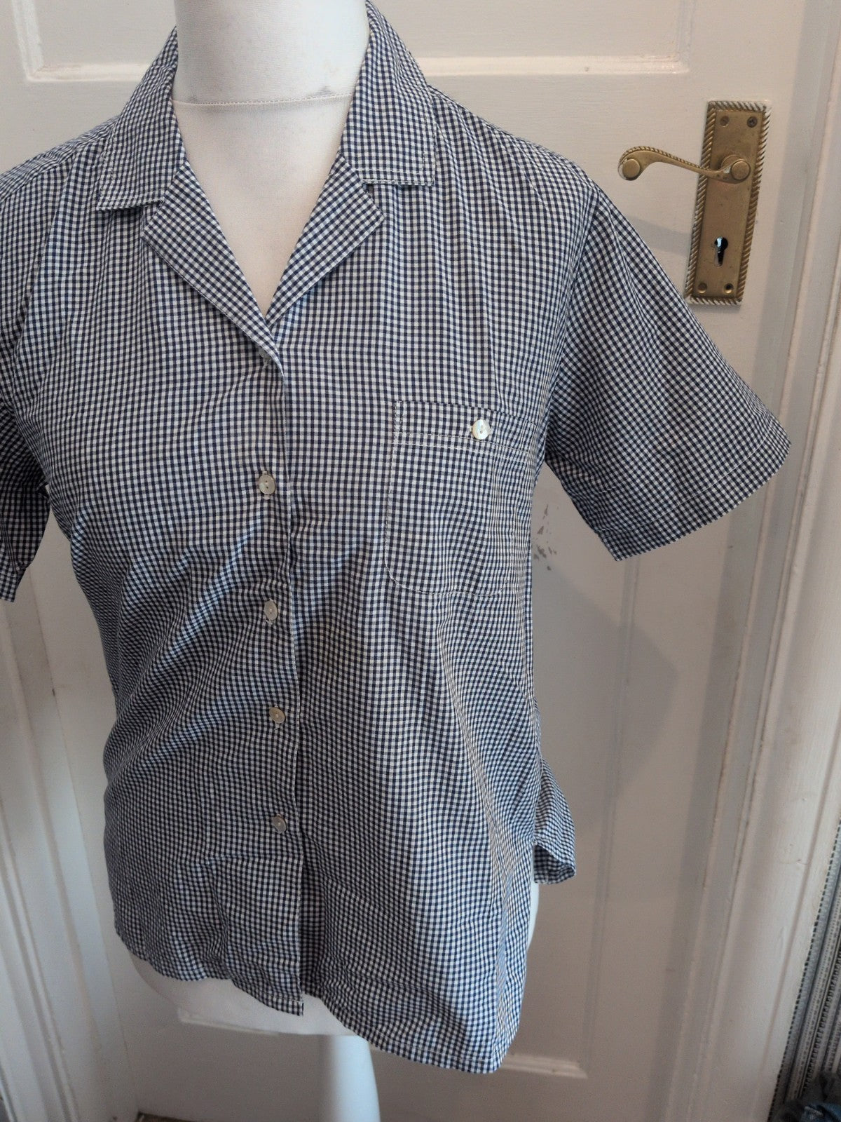 Ladies Holmewood 12 Navy And White Check Short Sleeve Buttoned Shirt