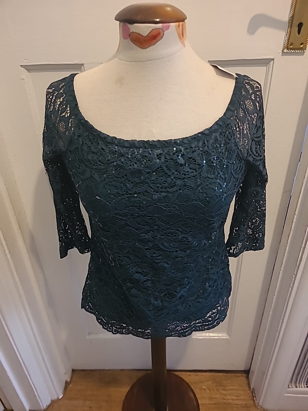 Brand New Ladies Dorothy Perkins Size 10 Bottle Green Lined Sequined Mid Sleeved