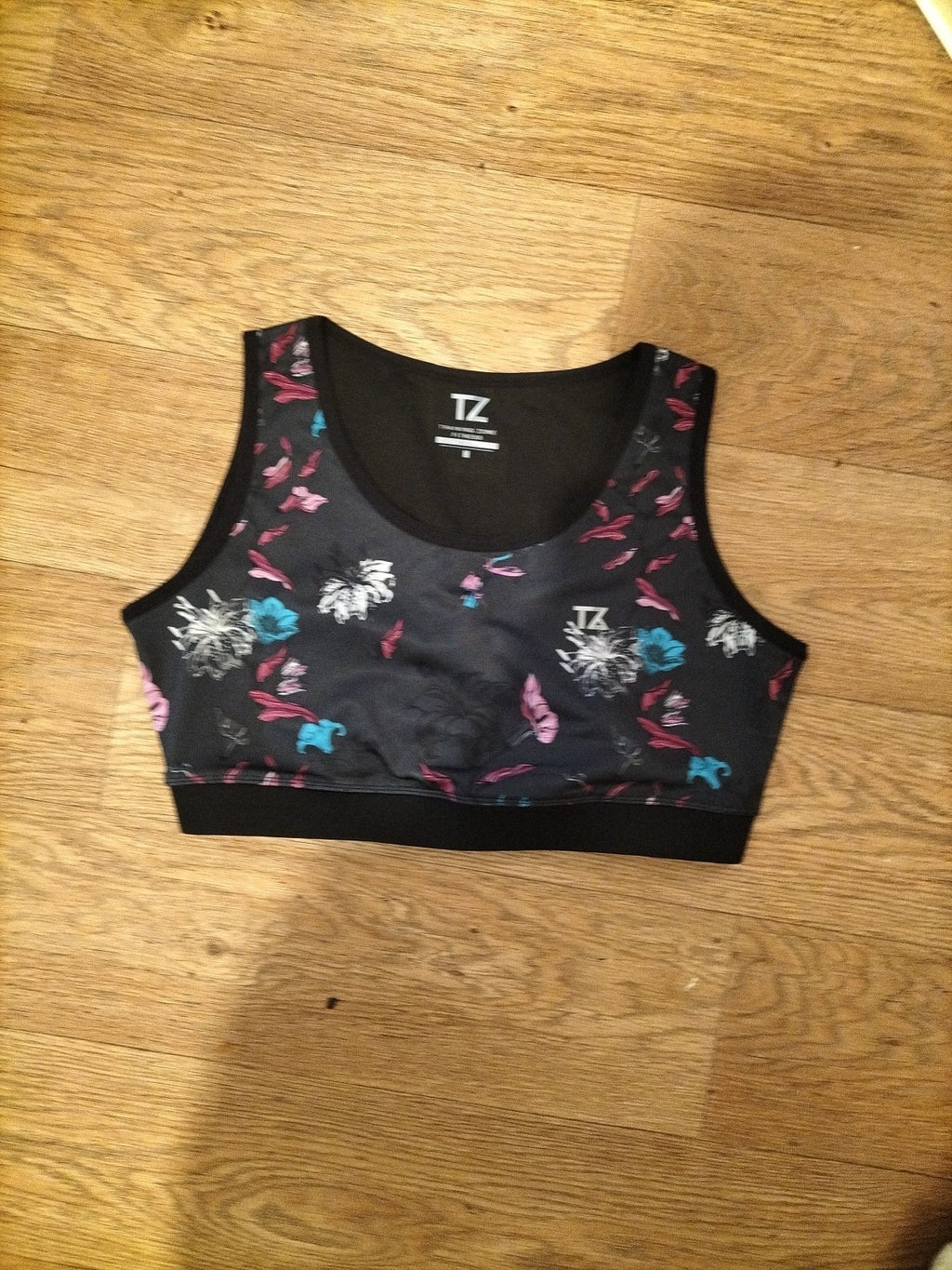 Ladies TZ Size Medium Black Floral Crop Gym Top