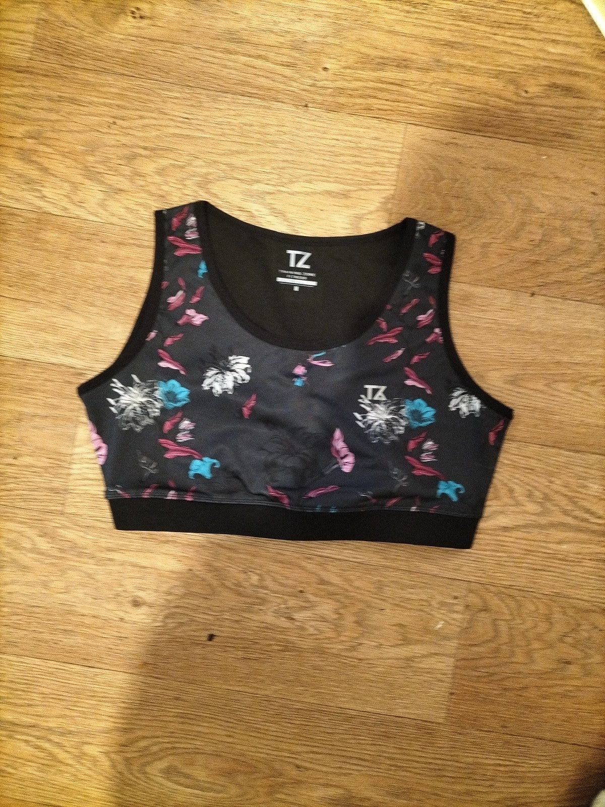 Ladies TZ Size Medium Black Floral Crop Gym Top