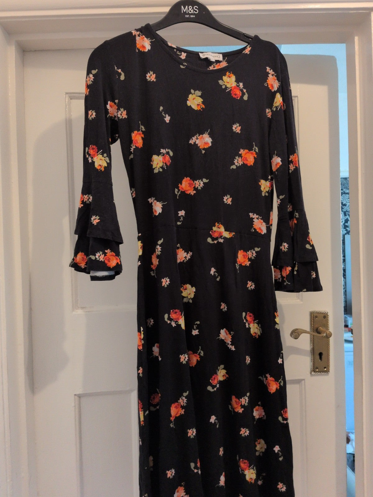 Warehouse 10 Black Orange Floral Long Sleeve Dress Flared