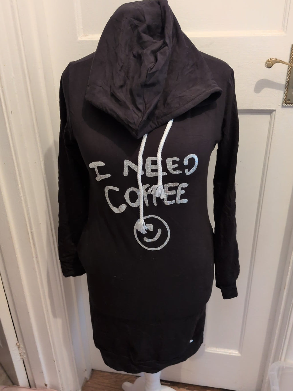 Ladies Size S-M Black I Need Coffee Long Sleeve Jumper Dress