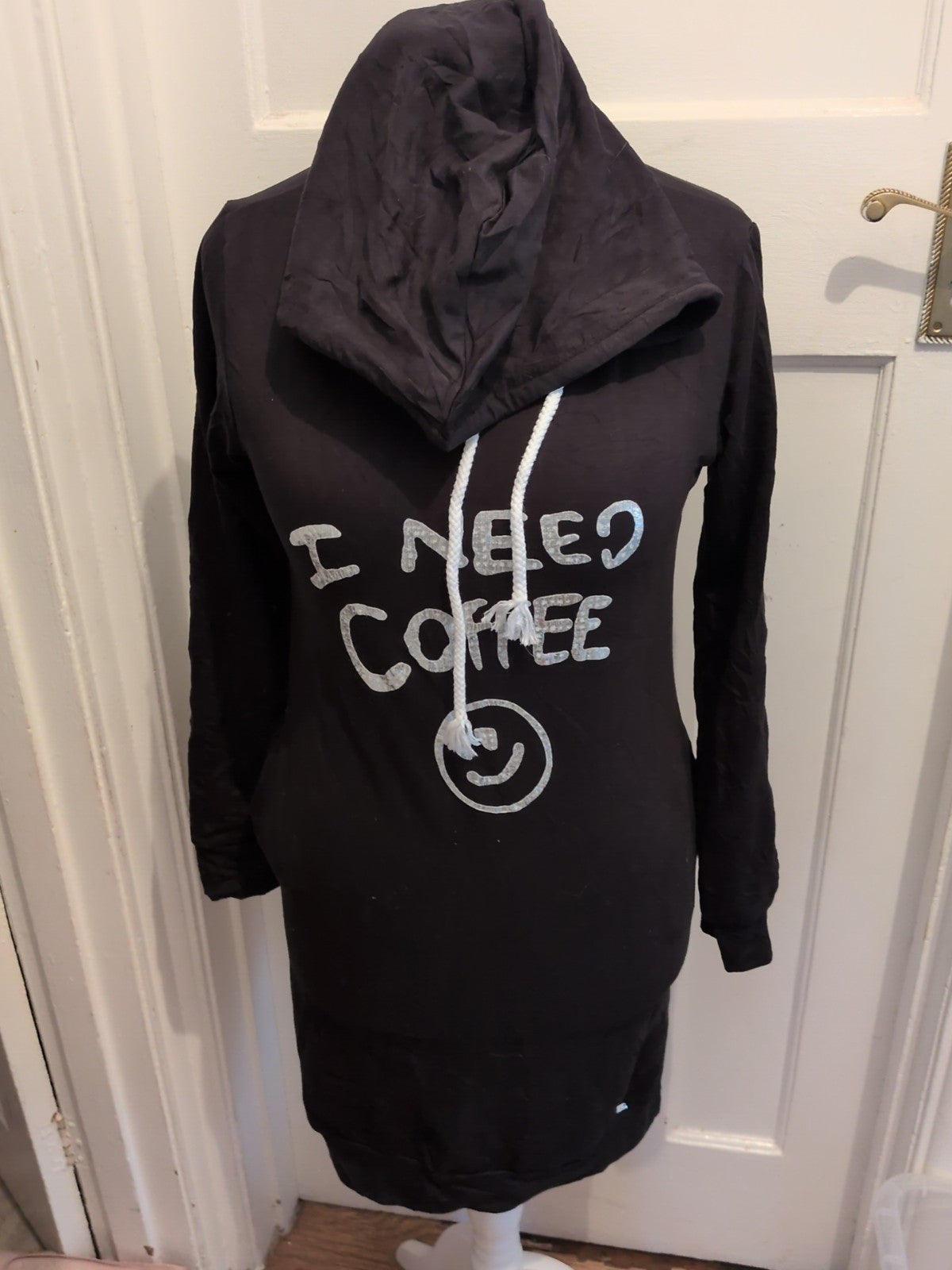 Ladies Size S-M Black I Need Coffee Long Sleeve Jumper Dress