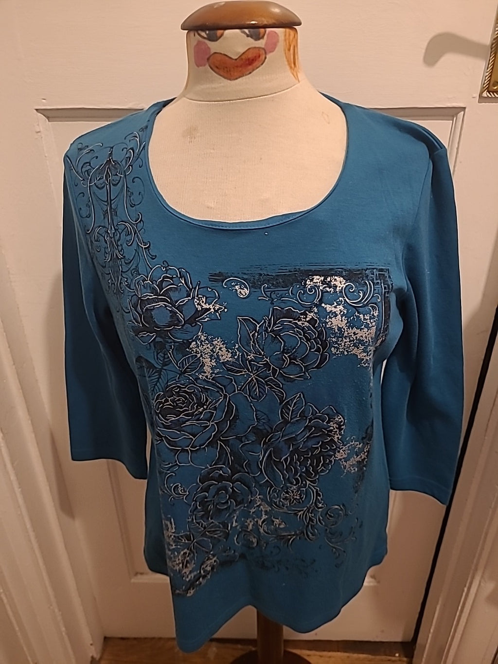 Ladies Bonmarche Size Medium Teal Mid Sleeved Floral Blouse