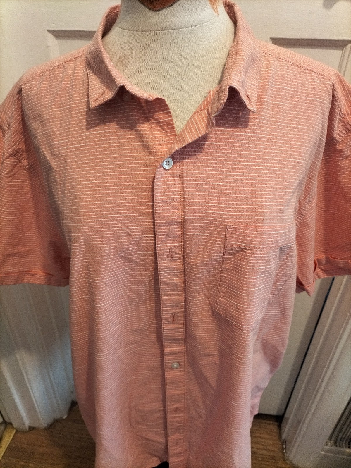 Mens Peacocks Size 2XL Regular Fit Pink White Striped Short Sleeved Shirt